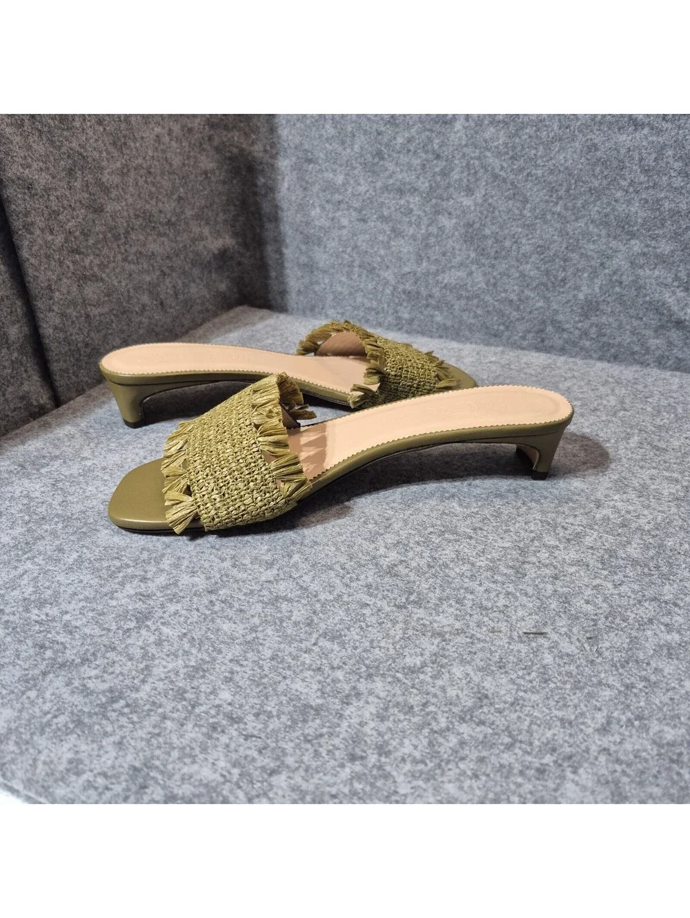 J.Crew Lina Kitten Heels Sandals Woven Raffia Fringe Green Straw & Leather 11